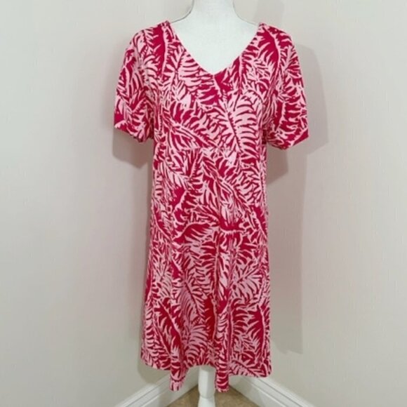 Reel Legends Keep It Cool Pink Dress Short Sleeve Palm Frond Print - Picture 1 of 6